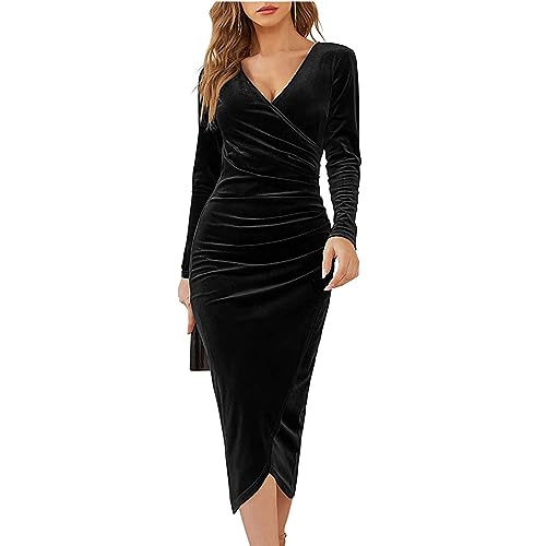 XIVISTO Damen Lange Samtkleid Langarm V-Ausschnitt Bodycon Kleid Elegant...