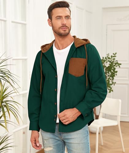 Men's Flannel Hoodie Shirt Long Sleeve Button Down Casual Shirt Jacket