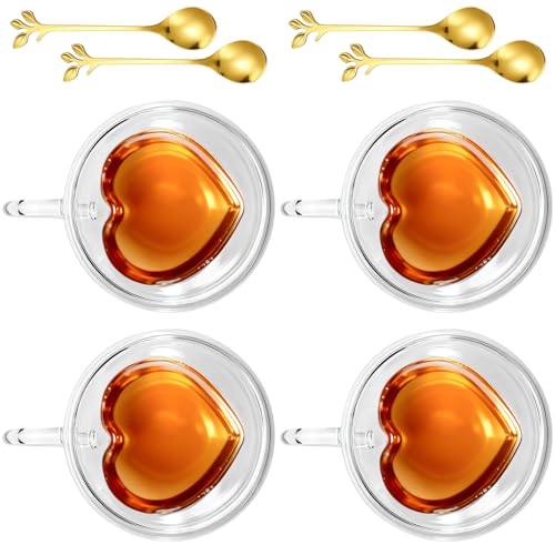 Lot de 4 tasses à cappuccino de 240 ml - Double paroi - Avec anse et cuillère - Tasses à expresso - Verres à thé - En forme de cœur - Pour café, latte, cappuccino, thé, lait