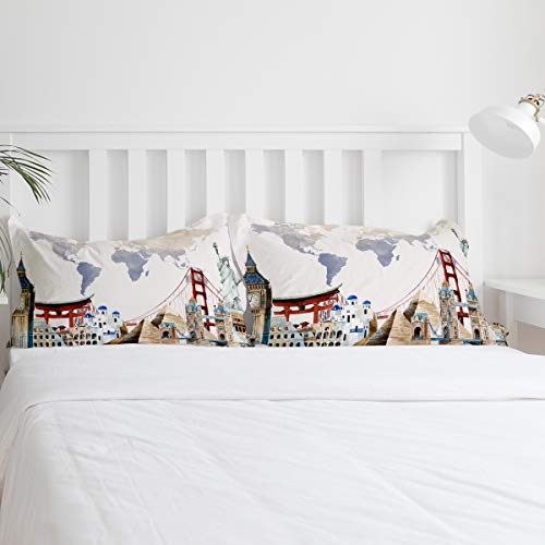 World Map Duvet Cover, Travel Theme Comforters Queen Size, 3 Pcs Bedding Comforters & Sets For Kids&Adults, Washed Microfiber Bedding Duvet Cover Set Room Decor Aesthetic, Statue Of Liberty, Pyramid #TOP4