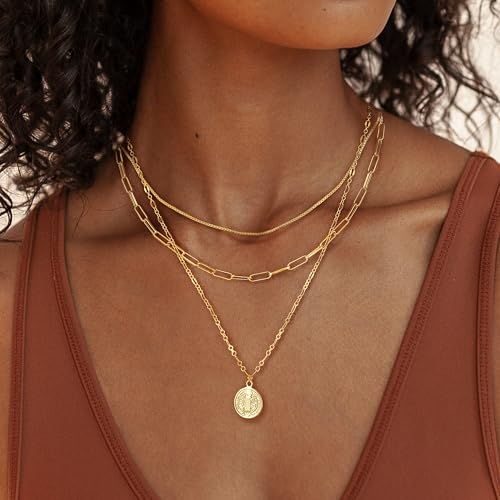 Layered Necklaces for Women, Dainty 14K Gold Plated Herringbone Chain Necklace Set Chunky Gold Necklace Stack Layering Choker Necklaces for Women Trendy Fashion Waterproof Jewelry2