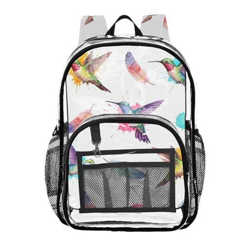 Travel Clear Backpack Floral Girls Backpack for Kids Approved Shoulder Bag Colorful Hummingbirds Watercolor