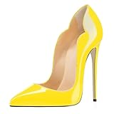  Elashe - Femmes - Stiletto Sexy - Classic Talon Haut- Cuir Vernis Brillant synthétique - Talon Aiguille 12CM - Grande Taille - Bout Pointu fermé Jaune EU36