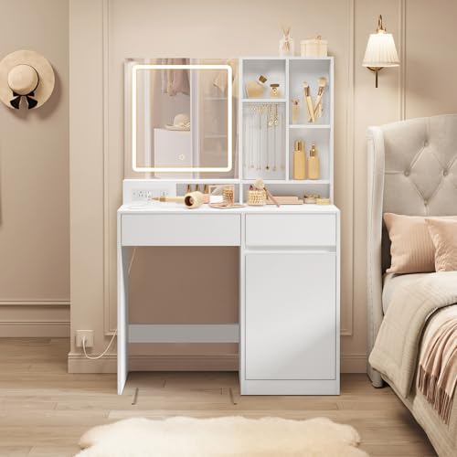 Image of VASAGLE KAILYN Collection - 35.4-Inch Vanity Desk with Mirror and Lights, Power Outlets, Modern Vanity Table, Jewelry Storage, Adjustable Shelves, for Bedroom, Cloud White URDT132WB03S