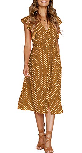 MITILLY Women's Boho Polka Dot Flutter Short Sleeve V Neck Button Down Swing Midi Dress with Pockets - Image 3