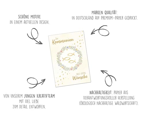 Edition Seidel Set 12 Glückwunschkarten zur Kommunion mit Umschlag. Grusskarten Kommunionskarten Doppelkarten Klappkarten Kartenset Karte Spruch Kinder Jugendliche (SW026)