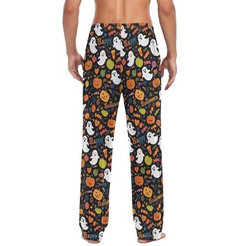 Men’s Halloween Ghost Pumpkin Pajama Pants with Pockets, Comfortable Lounge Sleep Bottoms#4472