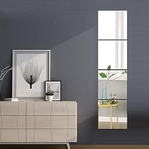 Full Length Wall Mirrors, Floor Mirrors for Walls 4pcs 12"x12" Acrylic Plexiglass Body Mirror Wall-Mounted Frameless Wardrobe Door Large Long Mirror Home Workout Gym Mirror Dorm Tile Self Adhesive Cover