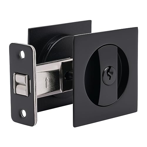 Cerradura para Puerta Corredera Cuadrada, Negro, Herraje de Privacidad Contemporáneo para Puerta de Bolsillo, Cerradura Empotrada de Aleación de Zinc con Llaves miniatura 1