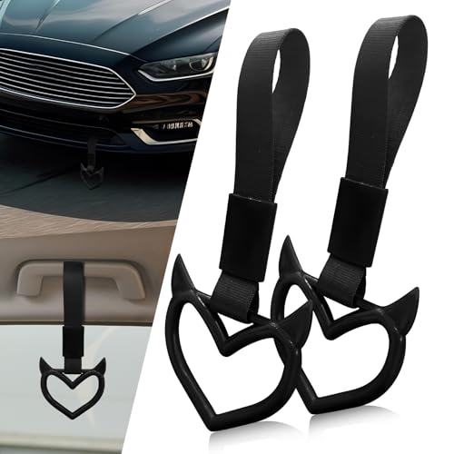 Image of 2 Pcs Devil Heart Shaped Car Handle Strap - Drift Charm Rear Bumper Warning Ring Decor for Car Interior Exterior, Subway Bus Handle Accessory, Cute Heart Car Decor Gift for Drivers (Black)