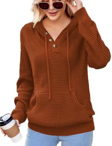 Image of CiCiBird Women's Fall Hoodies Sweater V Neck Waffle Knit Top with Pocket | Loose Fit, V Neck Button, Adjustable Drawstring, Long Sleeve, Kangaroo Pocket, Weekend Errands, Daily Wear, Work Casual