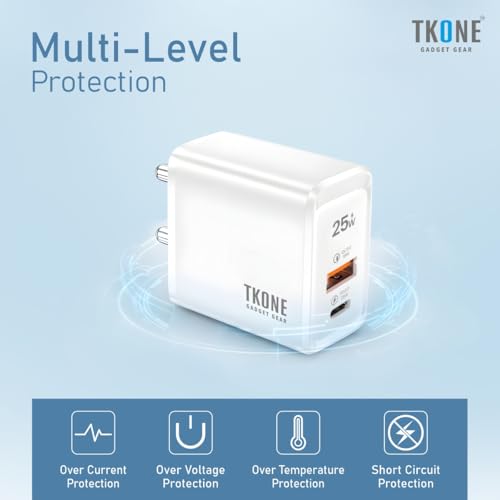 Image of TKONE 25W Dual Port Fast Charging Adapter, Type-C & USB A, Compatible with iPhone 17 /16 /15 /14 /13 /12 Series, Samsung Galaxy S25 /S24 /S23, OnePlus, Nothing, Tablets & Earbuds, BIS Certified (White)