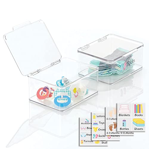 mDesign Stackable Plastic Storage Box with Hinged Lid - Organizer for Kids Supplies in Kitchen, Pantry, Nursery, Bedroom, Playroom, Bathroom, Closet - Pack of 2, Includes 32 Labels - Clear