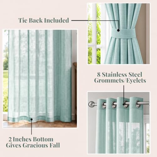 Image of HOKIPO Breeze Sheer Curtain 7 Feet Long 1 Panel, Linen Look, Aqua Green