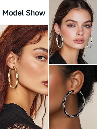 Image of Stainless Steel Chunky Hoop Earrings For Women, Minimalist and Chic, Black /Gold Plated, Round Hoops Earrings Hypoallergenic, Size: 30mm /40mm /60mm /80mm, Come with Box