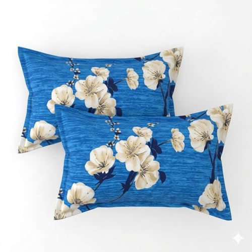 Image of Cotton Bolls Textiles Glace Cotton Flat Bedsheet 90x90 Inch with 2 Pillow Covers - Soft Breathable Glace Cotton, Printed Bedding Set for Double Bed