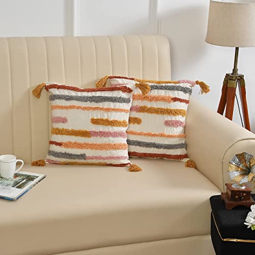 Image of Furnistitchs Premium Decorative Throw Cushion Pillow Cover Boho Home Decor - Living Room Bedroom Couch Sofa Cushion Covers 16 inch x 16 inch (2, Multi Stripe Tassels)