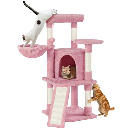 Yaheetech 107cm Cat Tree Cat Climbing Tower with Scratching Posts/Condo/Basket, kitten Activity Centre for Small/Medium Cats, Pink