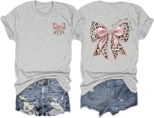 Cayxatiu Leopard Bow Shirt Cheetah Bow Shirt Christian Shirts for Women Faith Bible Verse Shirts God Coquette Graphic Tees(Light Gray M)