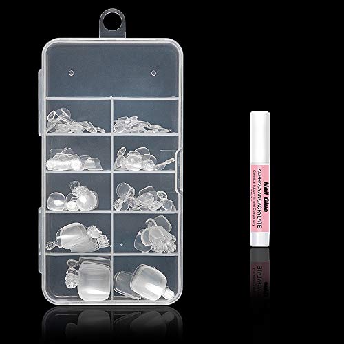 Buqikma 100Pcs Fake Toenail Tips Acrylic Nail Art with Nail Glue French Fake Toe Nail Tips 10 Sizes for Salons and DIY with Box (Clear)
