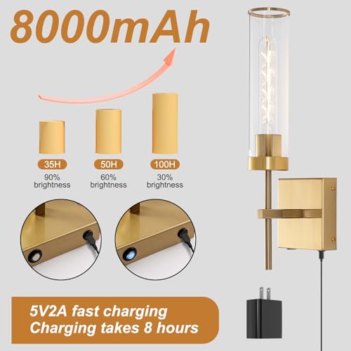 Image of Wall Sconces,Gold Battery Operated Wall Sconce Dimmable Touch 3000K /6000K 2 Color Bulbs 8000mAh Fast Chargin Endurance 100 Hours with Remote Control Wireless Wall Lights for Bedroom Living Room