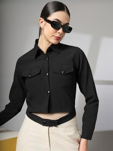 Image of CHKOKKO Solid Crop Jackets for Women stylish latest Long Sleeve Stylish Winter Shirt Jacket Casual Outerwear for Office