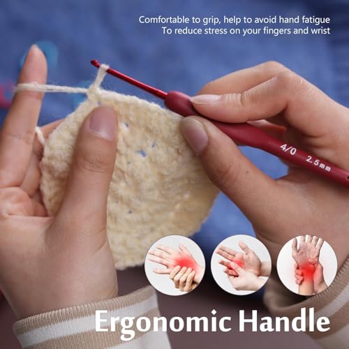 Image of VIRADHAM Crochet Hooks Set of 9 - Aluminum Crochet Needles with Soft Rubber Handles And Stitch Markers - Ergonomic Kit for Arthritic Hands - Comfortable Grip Yarn Craft Tools for All Skill Levels (Red)