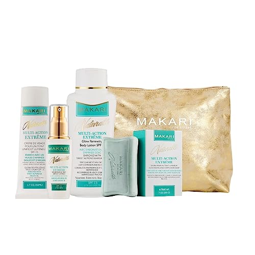 MAKARI Naturalle Multi-Action Extreme Botanical Facial Kit Moisturizing Skin Care Products for Sensitive to Dry Complexion for Women | Brilliant Skin 4 Piece Gift Set with SPF15 and Free Make up bag