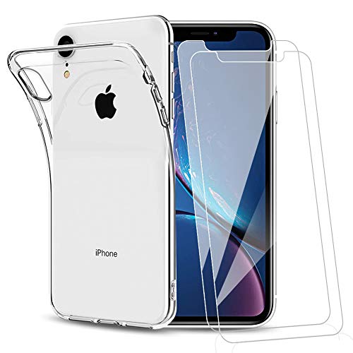 Amonke Funda para iPhone XR + 2 Pcs Protector de Pantalla para iPhone XR Cristal Templado, Flexible Suave Silicona Transparente TPU Carcasa + Vidrio Templado para iPhone XR