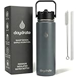 Insulated Metal Water Bottle with Straw 750ml- Stainless Steel Water Bottle, BPA Free, Dual Lid Straw & Spout, Leakproof, 24 Hours Cold & Hot, Work, Travel, Gym Bottle for Men & Women - Grey- Daydrate