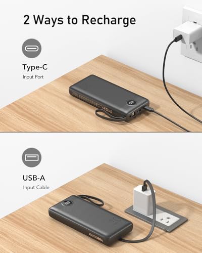 VEEKTOMX POWER BANK Chargeur Batterie avec Câbles Intégrés, 20,000mAh Batterie Externe pour iPhone, Ultra-Mince Petit Battery Pack de Voyage, Compatible avec iPhone/Samsung/Android (Noir), VT201 – Image 6