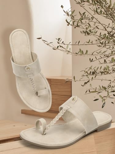 Image of Naitik Women's Kolapuri Casual Flat Sandals, Ladies Ethnic Flat Chappals for Party & Occasions (Cream)