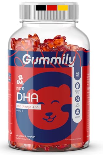 Vegan Omega 3 Gummibärchen für Kinder DHA - 550 mg Hochdosiert Omega 3 6 & 9 aus Algenöl - Mit Vitamin C für Immunsystem Gehirn & Sehkraft - Apfel Geschmack - 60 Stück - Gummily