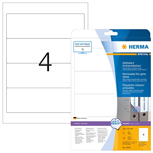 Herma Self Adhesive Removable Lever Arch File Labels, 4 Labels Per A4 Sheet, 100 Labels For Printers, White Opaque, 192 X 61 Mm (10165) #TOP15