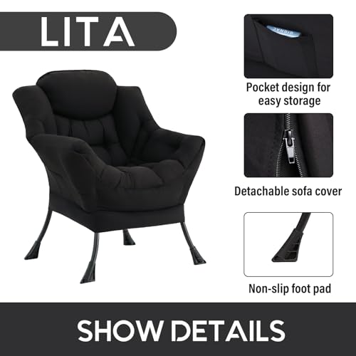 Image of LITA Lazy Chair with Armrests and Side Pocket, Modern Upholstered Accent Reading Chair for Living Room, Bedroom, Dorm, Small Spaces, Single Black