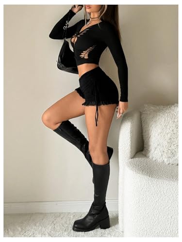 WDIRARA Women's Side Drawstring Ruched Lace Shorts Low Rise Stretchy Mini Shorts4