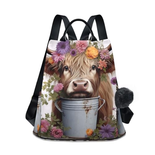 Mochila antirrobo mujer de flores y vaca Highland para viajar sin robos con cremallera trasera