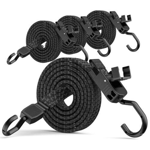 Image of Rugtol Bungee Cords with Hooks, 122 Inch Adjustable Flat Bungee Straps with Quick Release Buckle, Rubber Black Heavy Duty Elastic Cords with Metal Hooks for Bike Rack, Outdoor, Camping, Tarp, 4 Pack