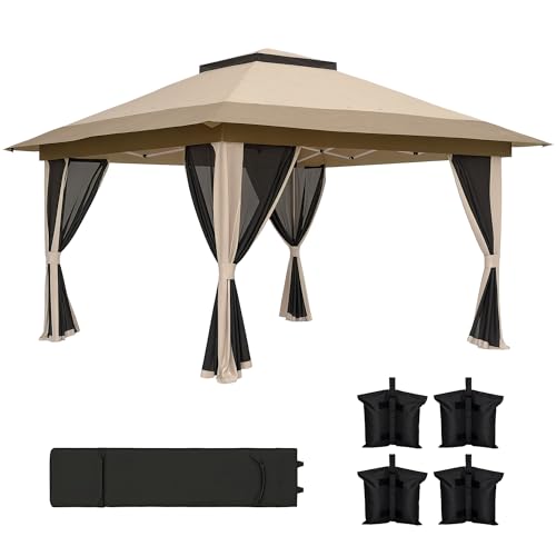 Outsunny Carpa Plegable Gazebo, 3,6x3,6 m, Cenador Plegable con 4 Paredes Laterales de Malla, Anti UV, Altura Ajustable, Bolsa de Arena y Bolsa de Transporte, para Camping, Fiestas, Beige