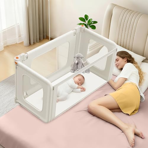 JAZSH 3 in 1 Bedside Bassinet, 69.26' x 19.29' Baby Bassinets Bedside Sleeper with Mosquito Net + Storage Bag + Child Lock, Baby Crib & Toddler Bed Rails for Twin, Full, Queen, King Size, Beige