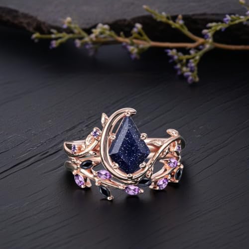 Genuine Green Moss Agate Ring Set For Women Unique Leaf Art Deco Kite Shaped Gemstone Bridal Ring Set Anniversary Wedding Jewelry Gifts3