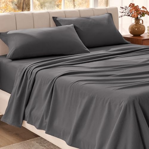 Bare Home Organic Cotton Flannel Sheet Set - Split King Size - 100% Cotton - Double Brushed for Extra Softness & Comfort - Warm Cozy and Durable - Breathable - Bed Sheets (Split King Grey)