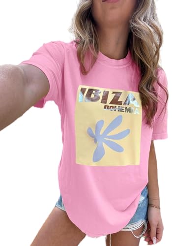 Image of Vintage Oversized Flower Graphic Tees Cute Surfboard Palm Baggy T-Shirts Summer Preppy Beach Tops Teen Girls Clothes