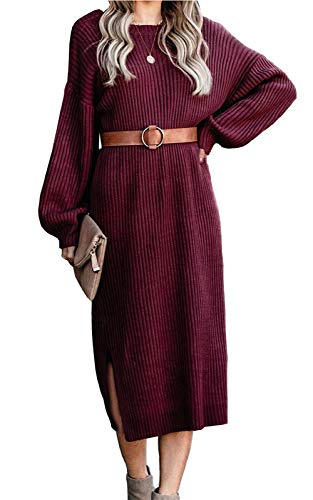 ANCAPELION Damen Backless Jumper Kleid Langarm Gestrickt Kleider Midi Lange Stricken Kleid für Herbst Winter Rot XL Cover