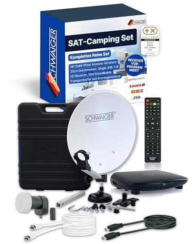 SCHWAIGER SAT-Camping Set I Satellitenanlage Komplettset I 35cm Stahl Offset Antenne, Single LNB,...