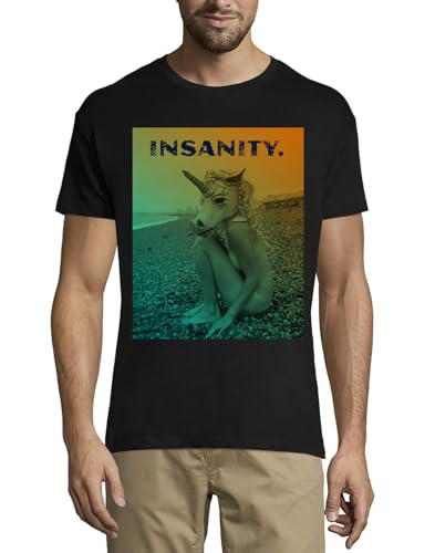 T-shirt coton homme noir Insanity Unicorn Girl col rond graphique