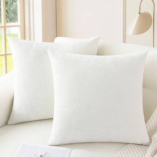 Image of CaliTime Throw Pillow Covers Decorative 16 X 16 Inches Pack of 2 Cozy Chenille Cushion Cases for Couch Sofa Bed Living Room Home True White