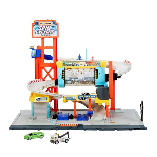 Matchbox Spielzeugauto Trackset, Spielset Rotierende Waschstraße“ mit Corvette und Abschleppwagen im Maßstab 1:64, mit rotierender Autowaschanlage, Tuning-Station und Parkplatz, JGB68