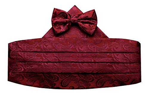 Paisley Cummerbund, Bow-Tie & Hankie Set. Wedding, Formal, Prom, Cruise - Burgundy