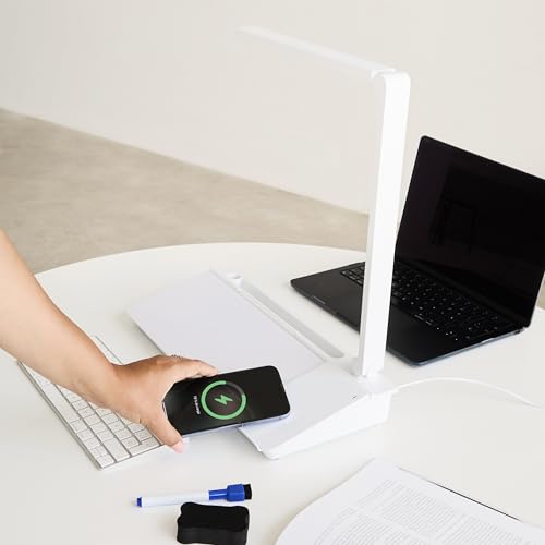 Image of Garood Glass Desktop Whiteboard with Storage Wireless Charger and LED Light Desk Whiteboard Desktop Glassboard Desk White Board Desk Dry Erase Board Phone Holder 15.8X7X2 in